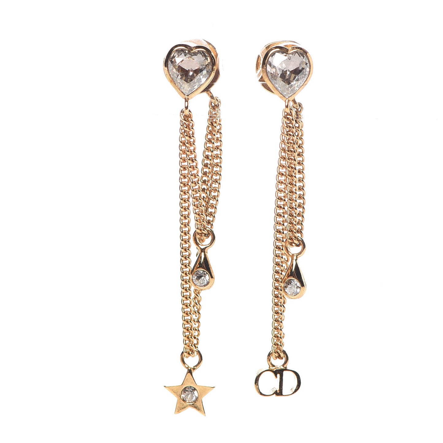 Crystal Heart Dangle Chain Earrings Gold