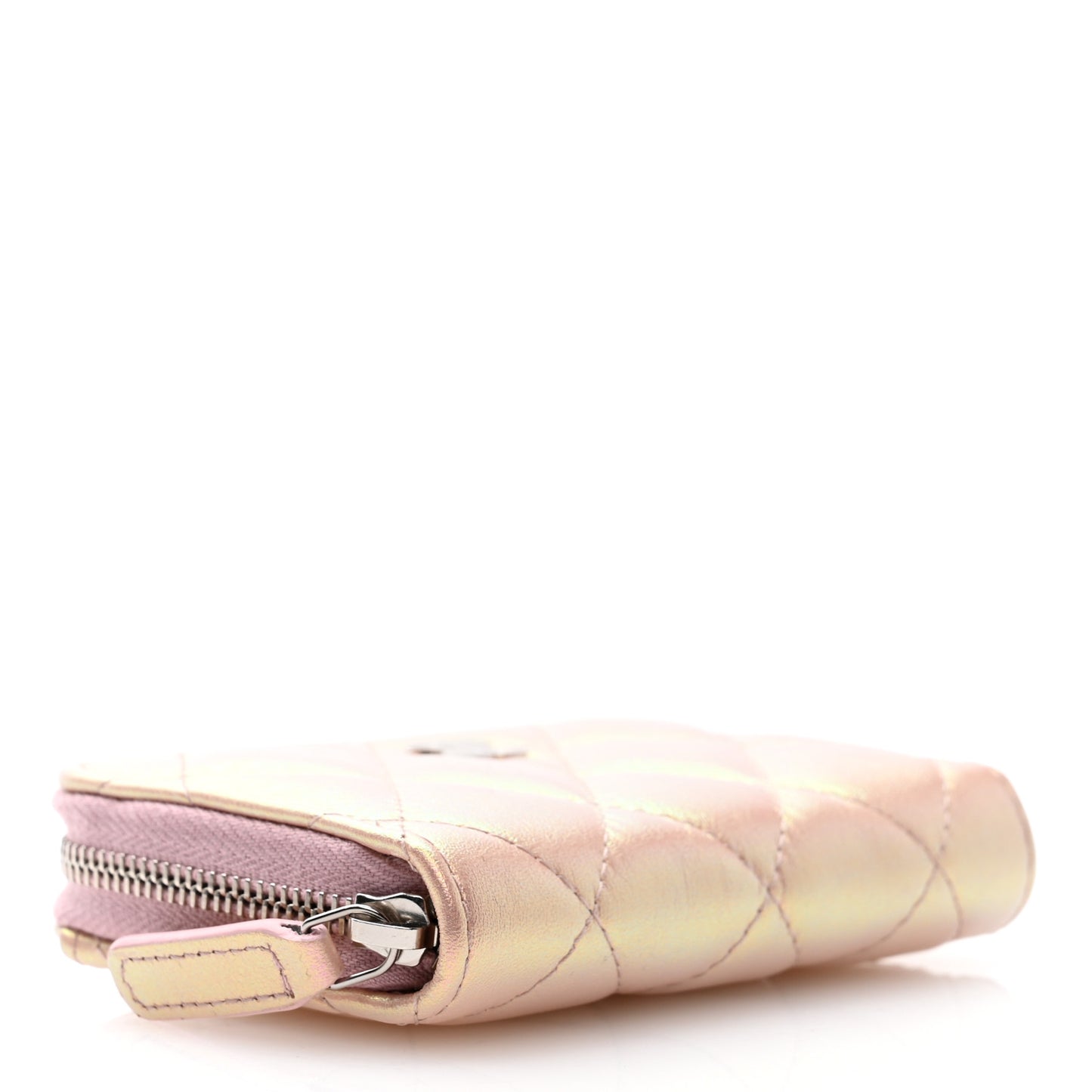 Iridescent Calfskin Quilted Zip Coin Purse Wallet Pink
