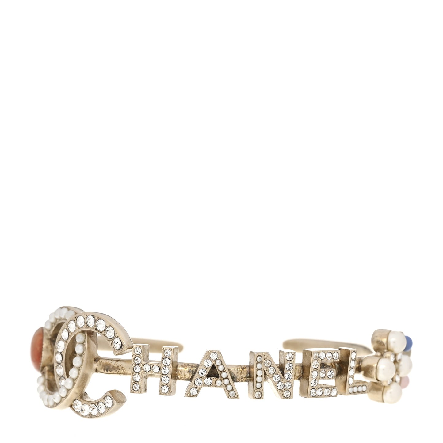Crystal Pearl CC Logo Cuff Bracelet Gold Multicolor