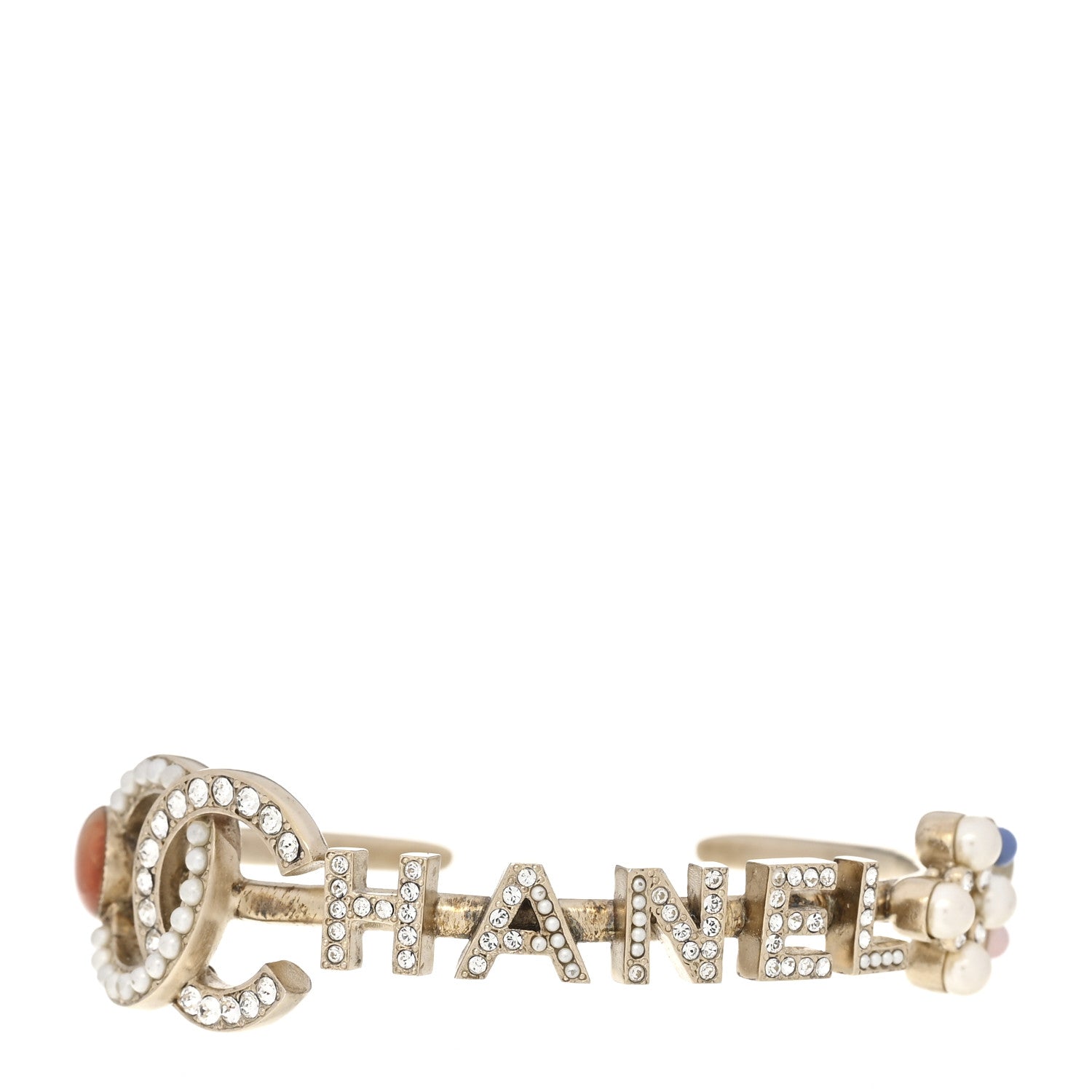 Chanel Crystal Pearl CC Logo Cuff Bracelet Gold Multicolor 1 of 3