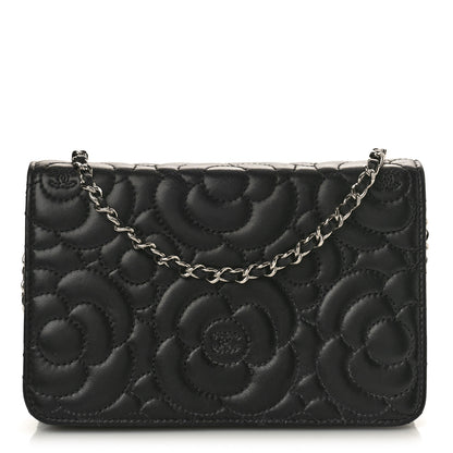 Chanel Lambskin Camellia Quilted Wallet On Chain WOC Black 1 of 11