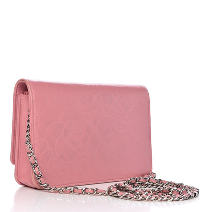 Chanel Lambskin Camellia Embossed Wallet On Chain WOC Pink 3 of 15