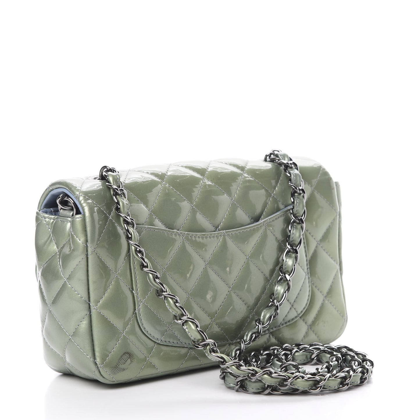 Patent Calfskin Quilted Mini Rectangular Flap Light Blue