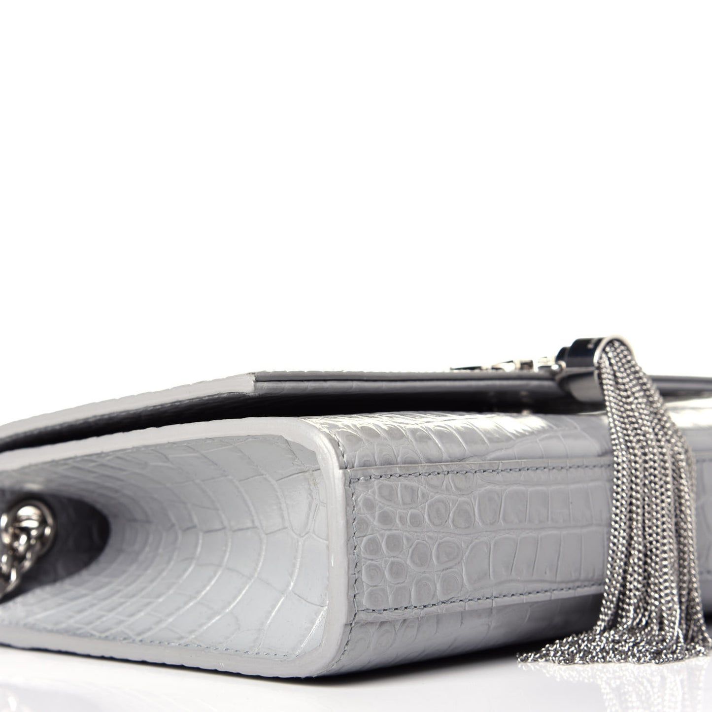 Croc Calfskin Embossed Small Classic Monogram Kate Tassel Satchel Mouse Grey