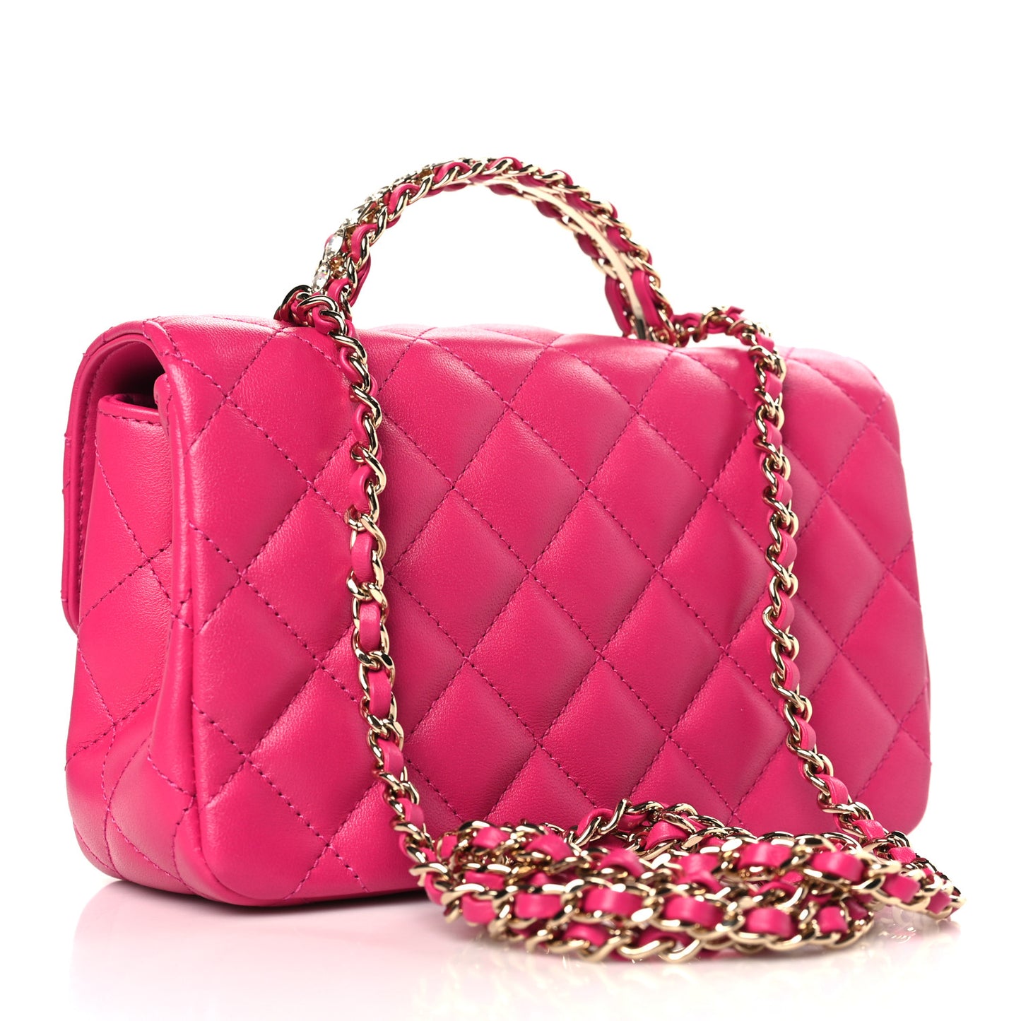 Lambskin Quilted Mini Crystal Top Handle Rectangular Flap Dark Pink