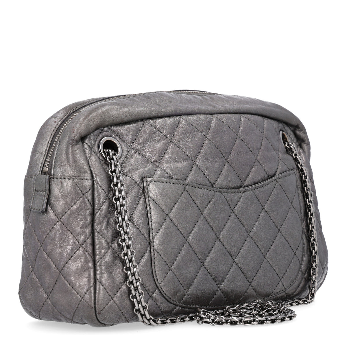 Metallic Aged Calfskin Quilted Medium Reissue Camera Case Dark Silver