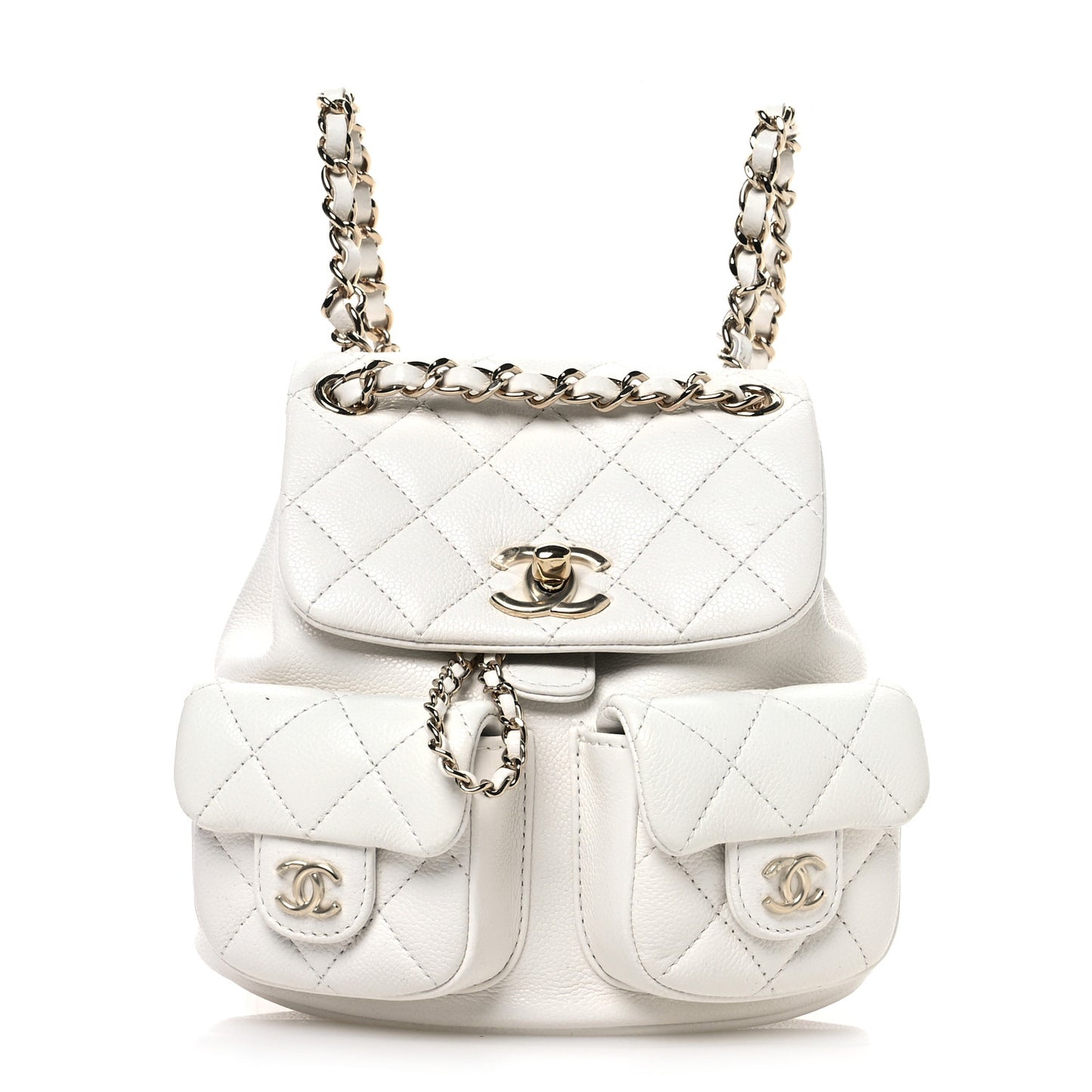 Shiny Caviar Quilted Small Duma Pockets Drawstring Backpack White