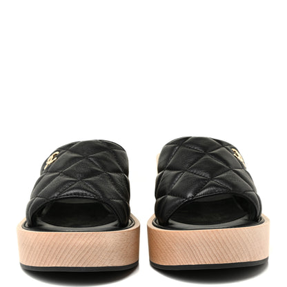Chanel Lambskin Quilted CC Slip On Platform Sandals 38 Black 2 of 10