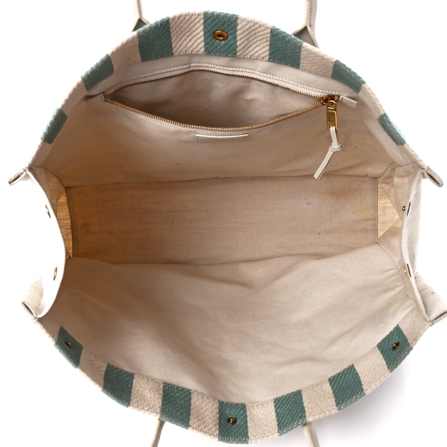 Cotton Linen Calfskin Striped Rive Gauche Tote Water Green