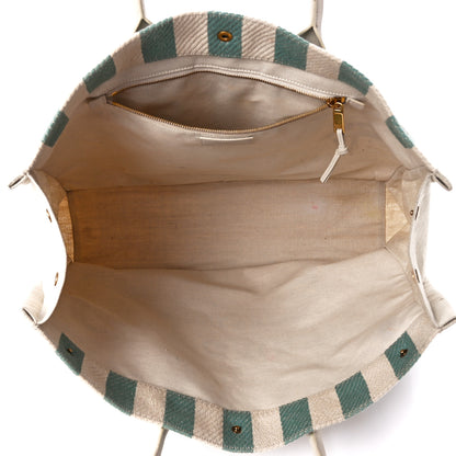 Saint Laurent Cotton Linen Calfskin Striped Rive Gauche Tote Water Green 5 of 11