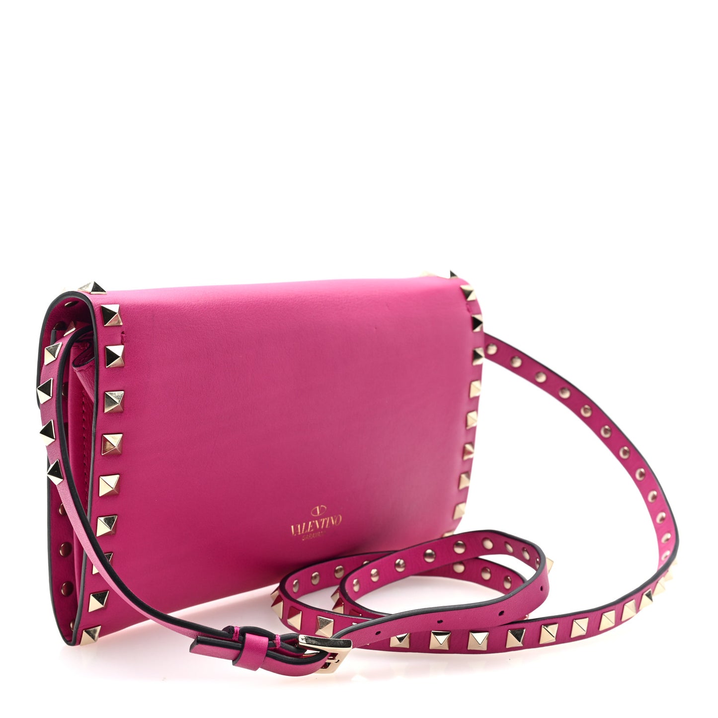 Vitello Medium Rockstud Flip Lock Crossbody Bag Bright Fuxia