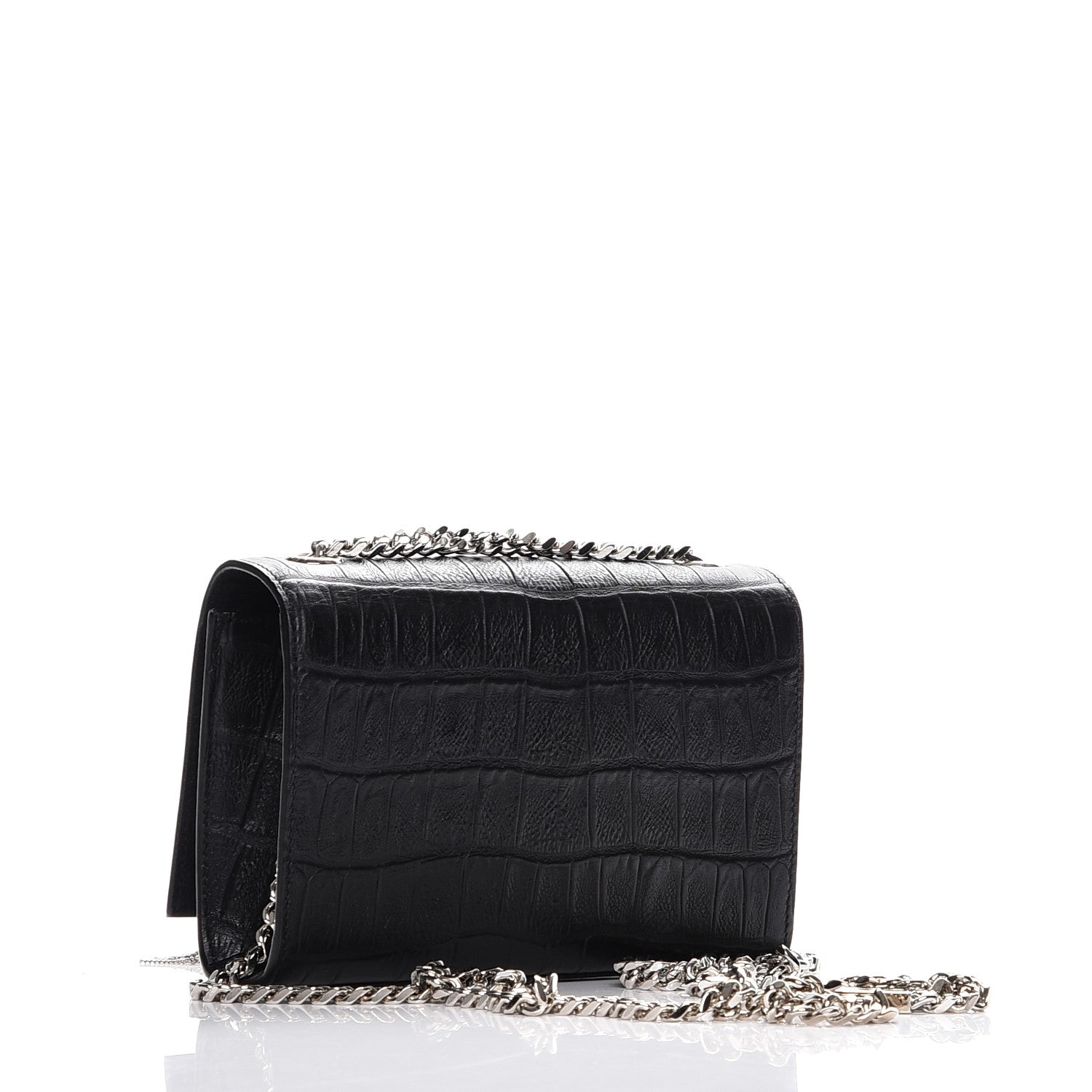 Saint Laurent Calfskin Crocodile Embossed Small Classic Monogram Tassel Satchel Black 3 of 6