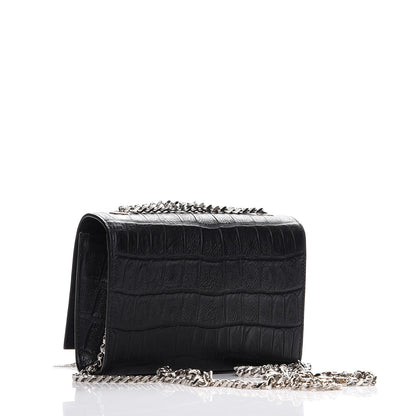 Saint Laurent Calfskin Crocodile Embossed Small Classic Monogram Tassel Satchel Black 3 of 6