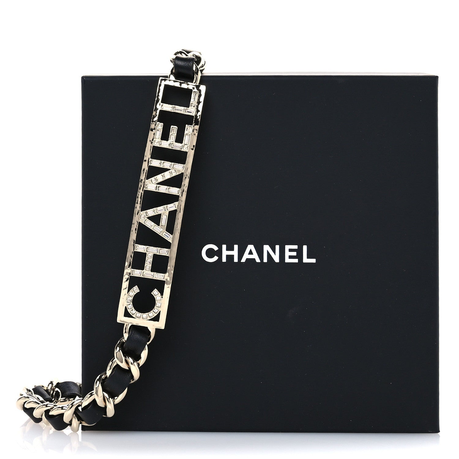 Chanel Lambskin Metal Crystal Baguette Logo Chain Belt 90 36 Black 4 of 4