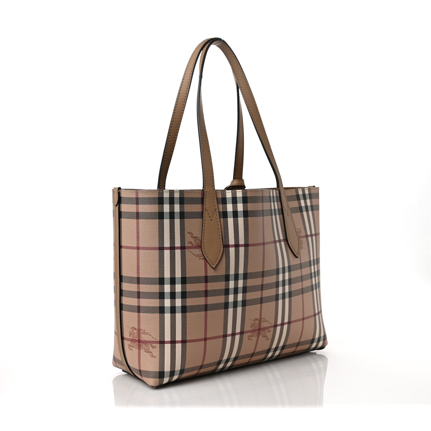 Grainy Calfskin Haymarket Check Small Reversible Tote Mid Camel