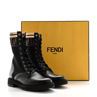 Fendi Calfskin Stretch Fabric Rockoko Biker Boots 37 Tobacco Black Marino 9 of 9