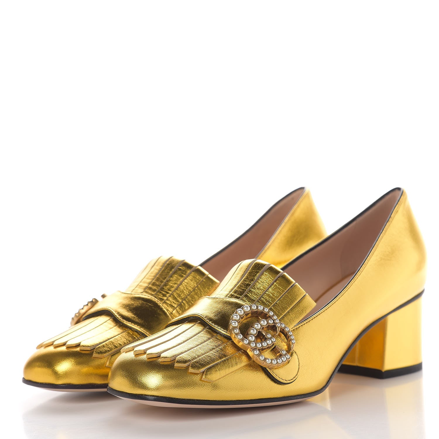 Gucci Metallic Nappa Pearly GG Marmont Fringe 50mm Loafer Pumps 37.5 Oro Vecchio 3 of 13