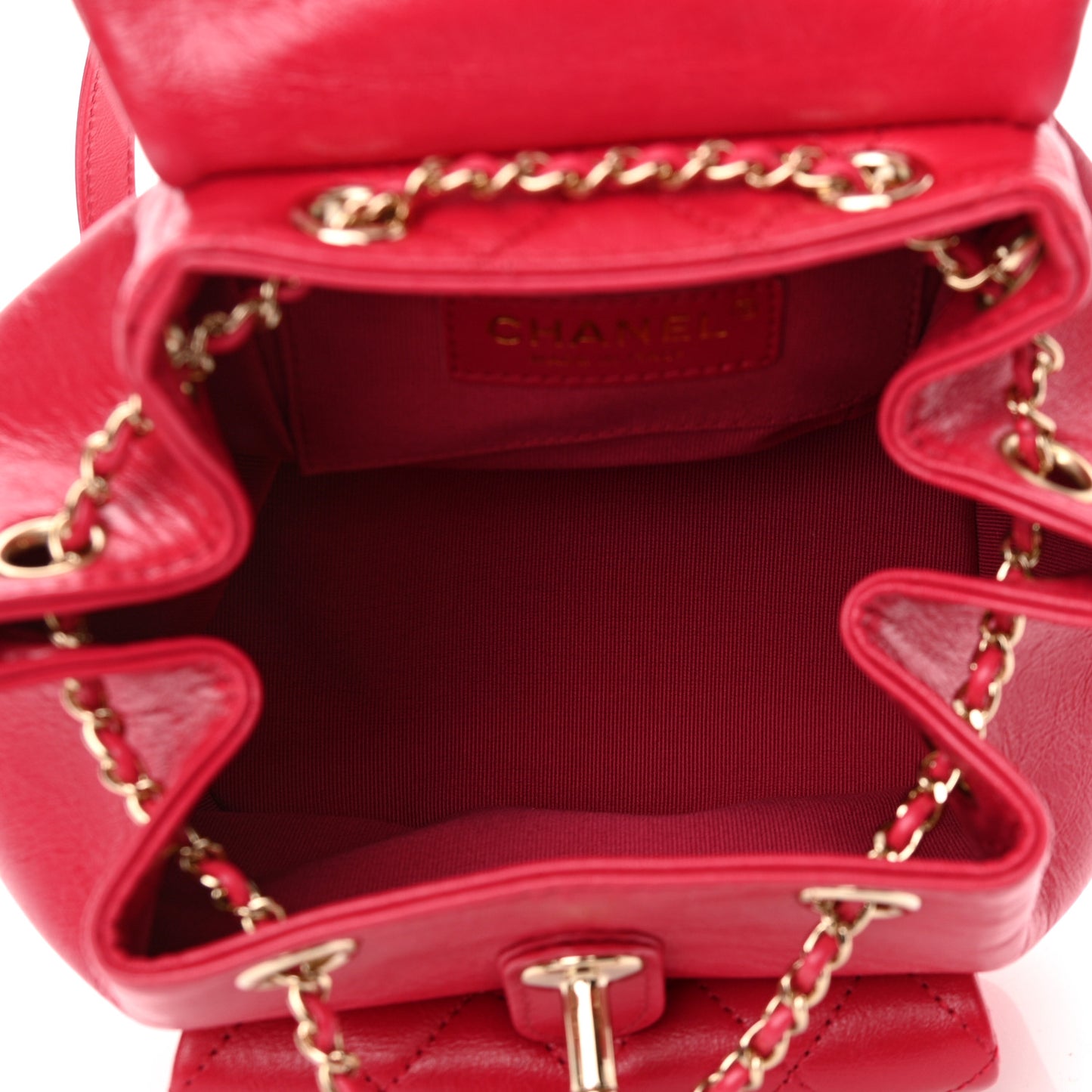 Glazed Aged Calfskin Quilted Small Duma Drawstring Backpack Red