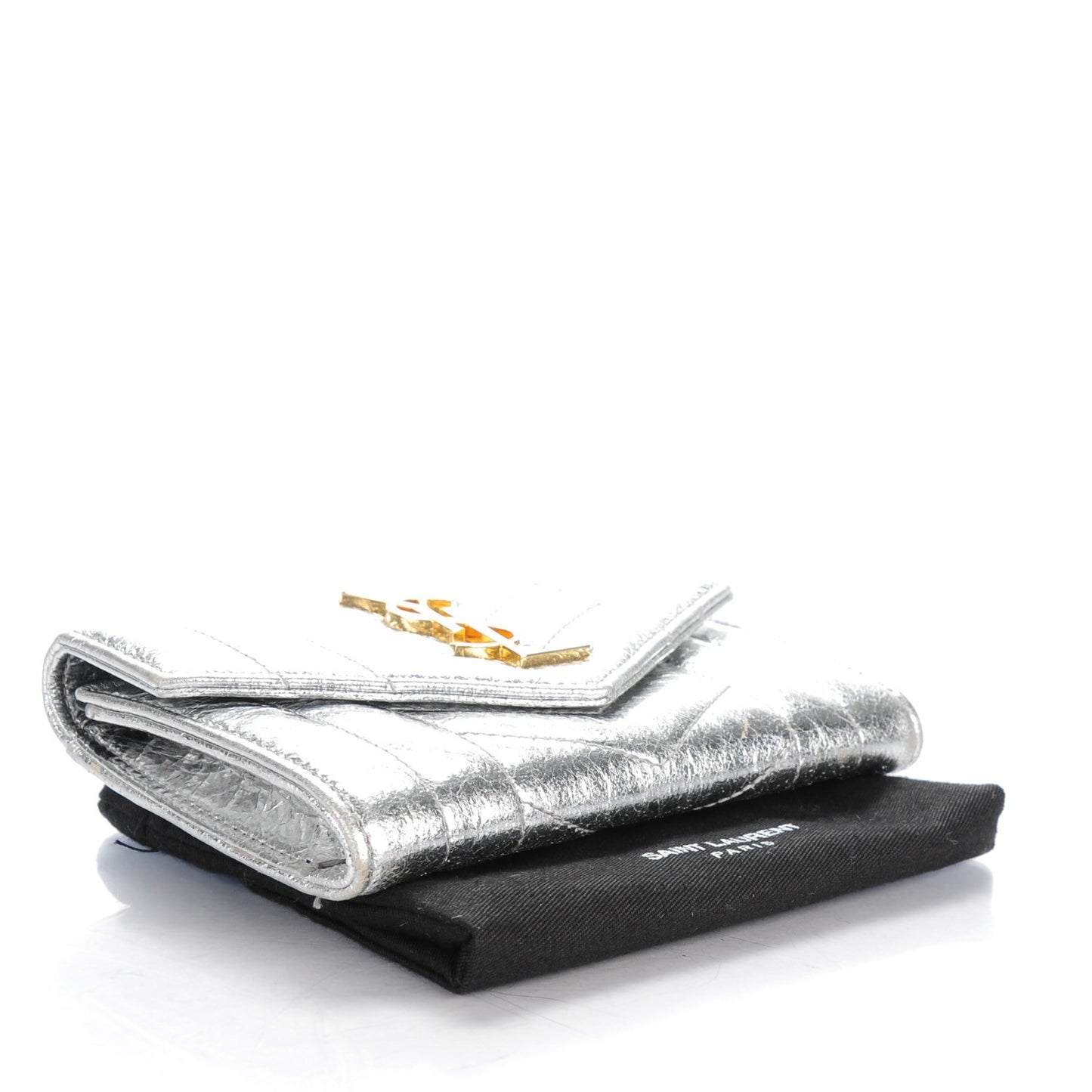 Metallic Goatskin Mixed Matelasse Chevron Small Monogram Envelope Wallet Silver