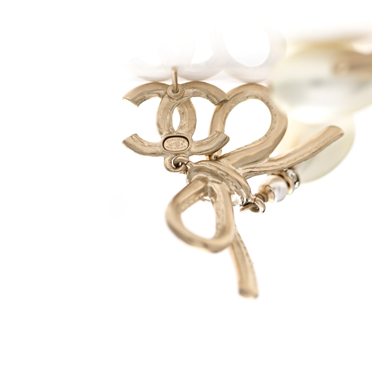 Pearl Crystal CC Bow Drop Earrings Gold Pearly White