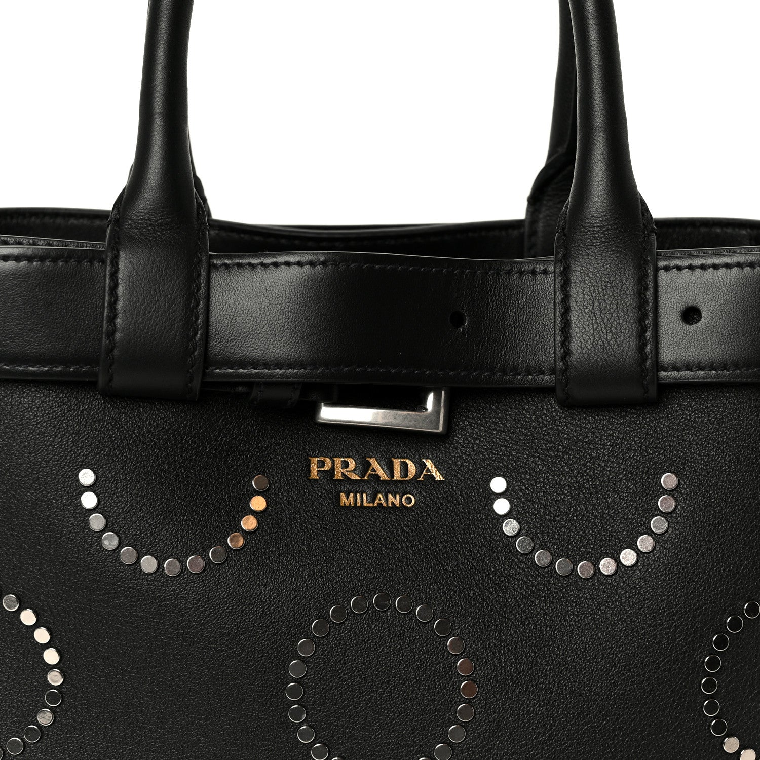 Prada Soft Grain Calfskin Studded Large Buckle Bag With Belt Black 8 of 10
