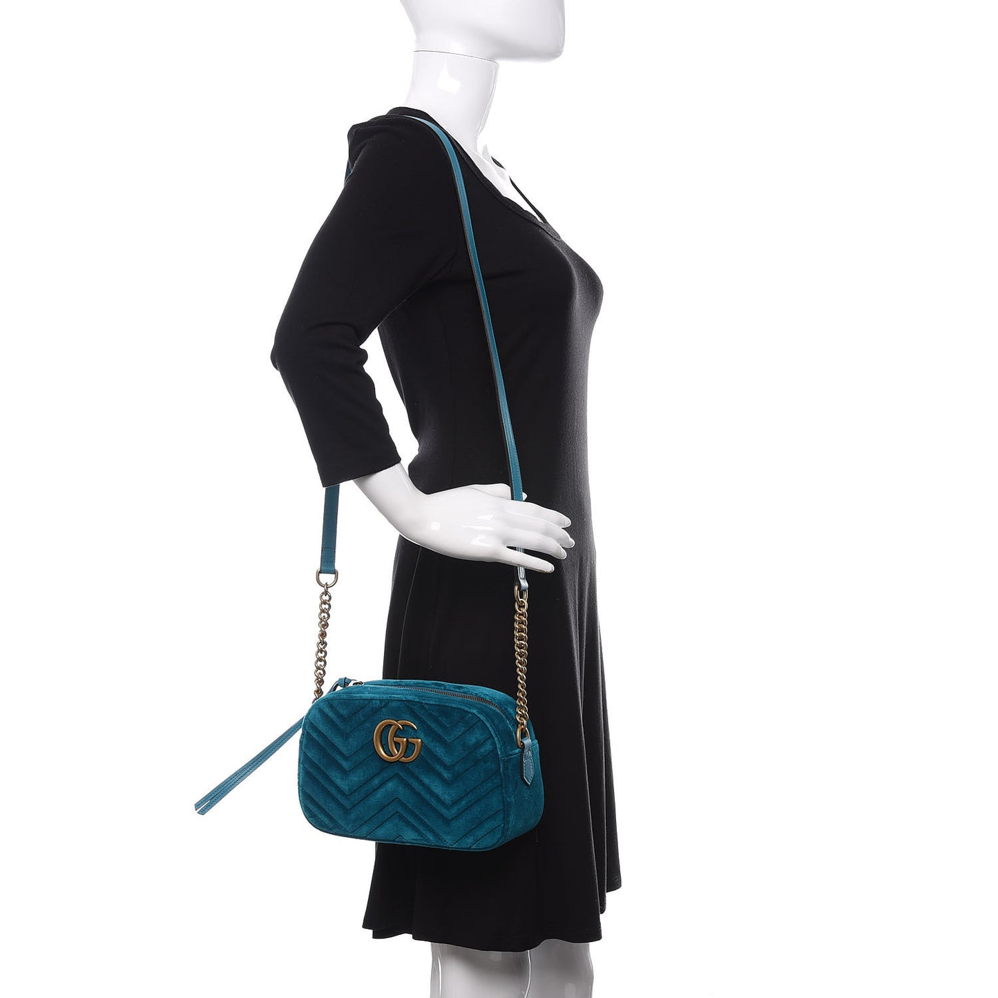 Velvet Matelasse Small GG Marmont Chain Shoulder Bag Pavone Cyan