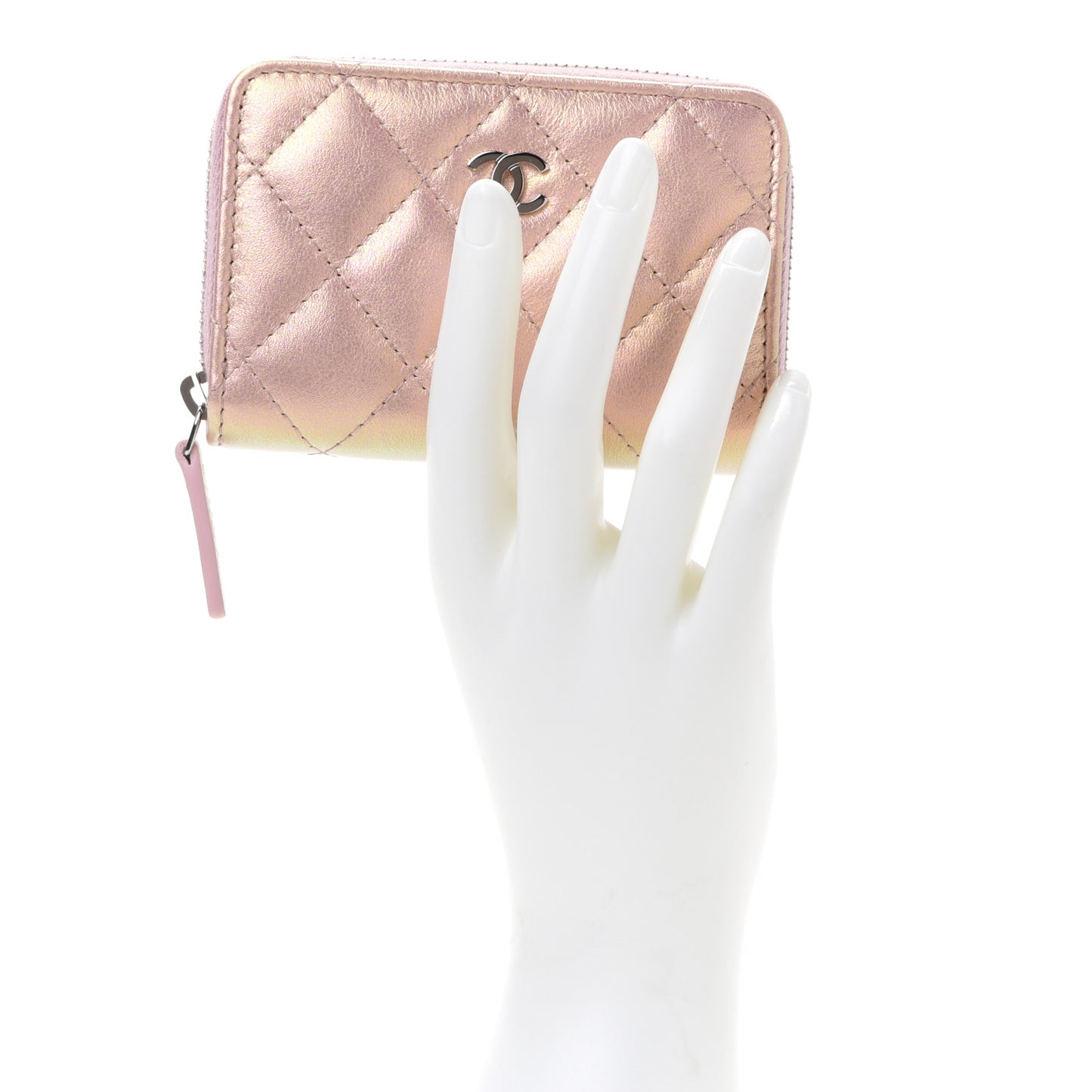 Iridescent Calfskin Quilted Zip Coin Purse Wallet Pink