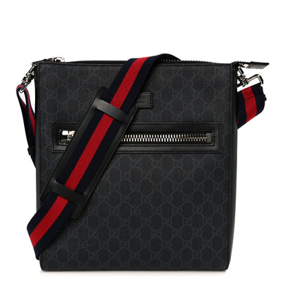 Gucci GG Supreme Monogram Appia Calfskin Web Flat Messenger Bag Black Grey 1 of 12