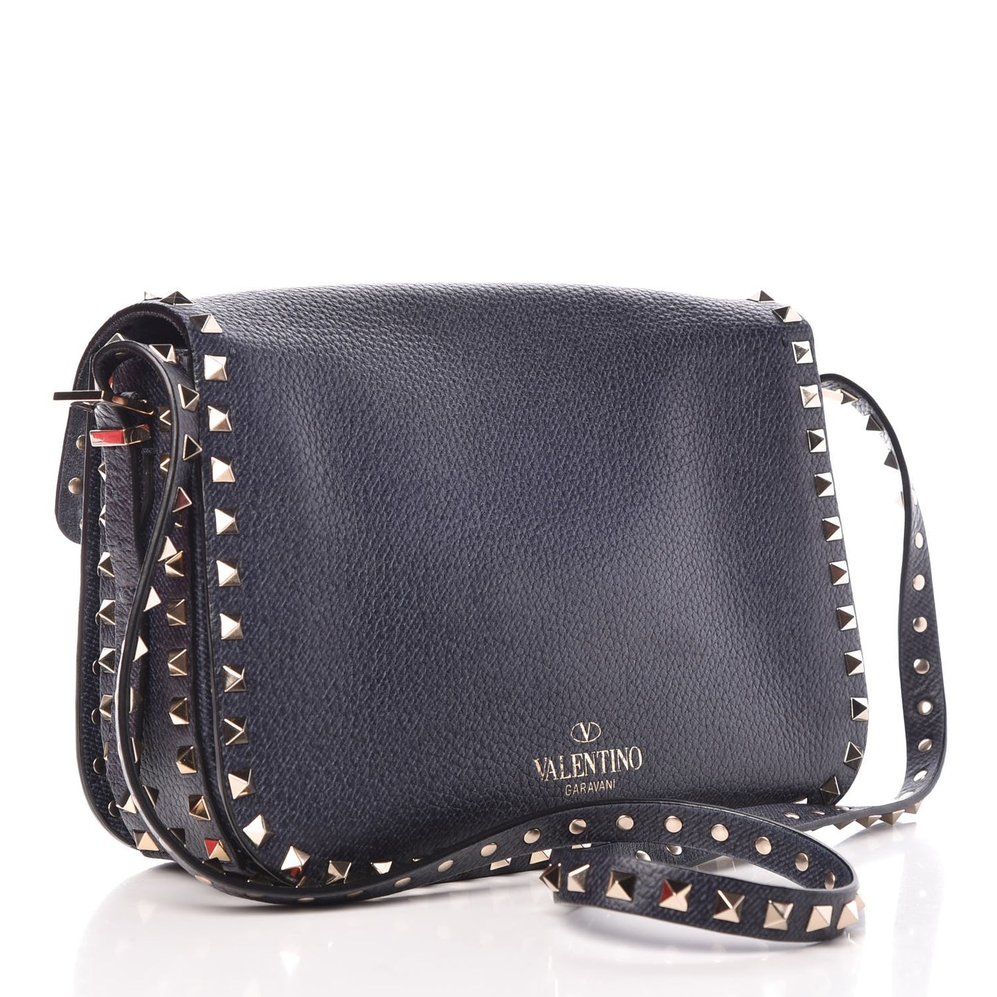 Pebbled Calfskin Medium Rockstud Flap Saddle Bag Deep Denim