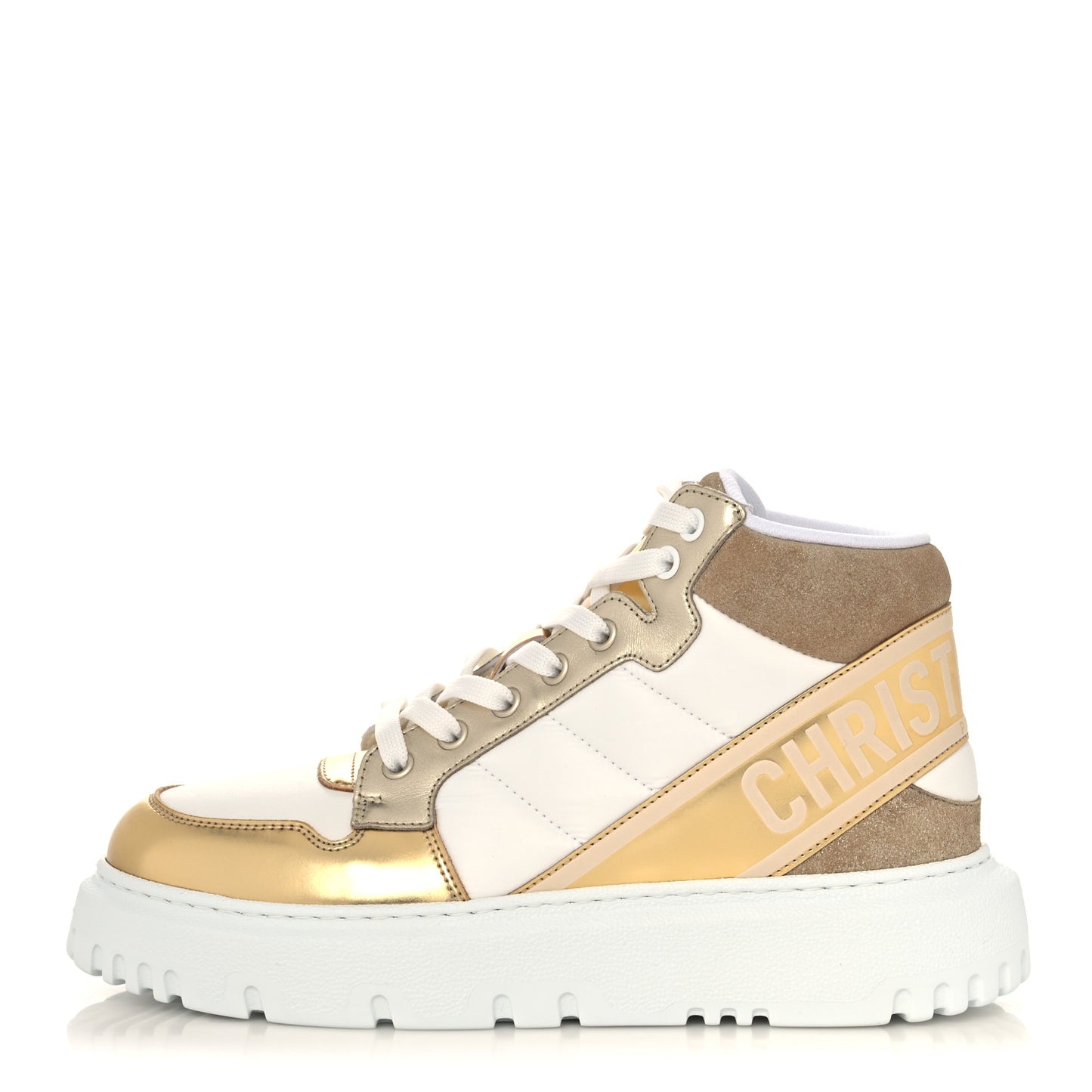 Nylon Laminated Calfskin Womens D-Player High Top Sneakers 37.5 White Gold