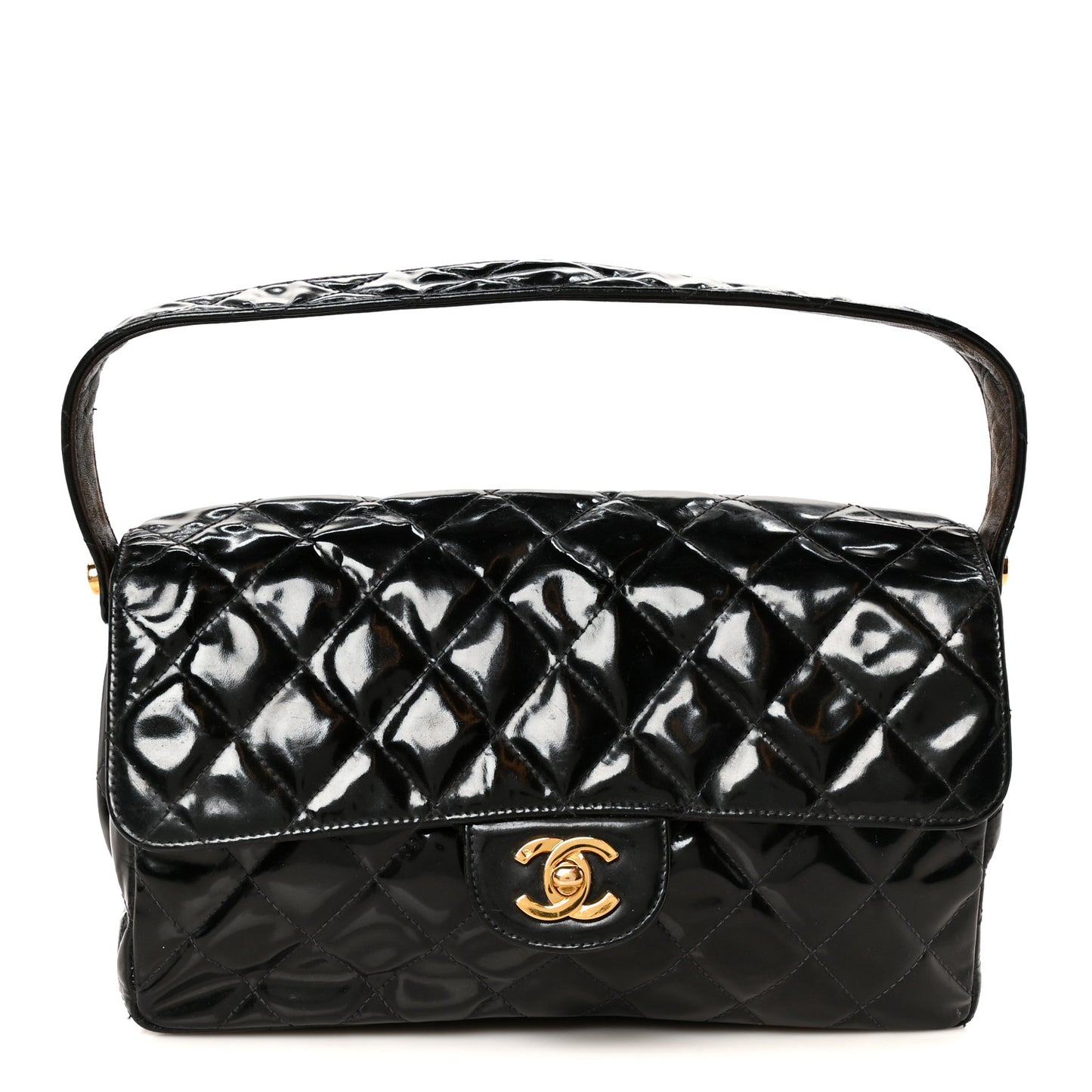 Patent Quilted Double Sided Shoulder Flap Bag Black