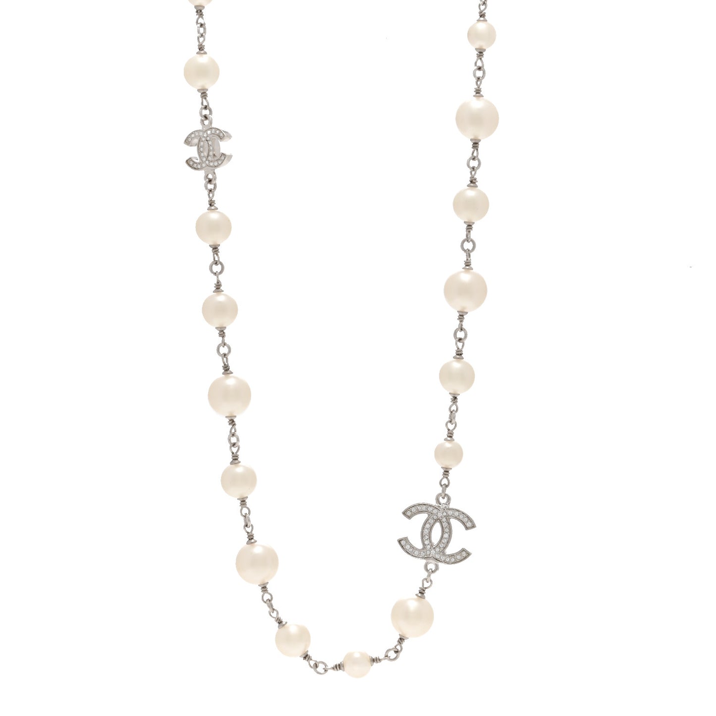 Crystal Pearl CC Long Necklace Silver