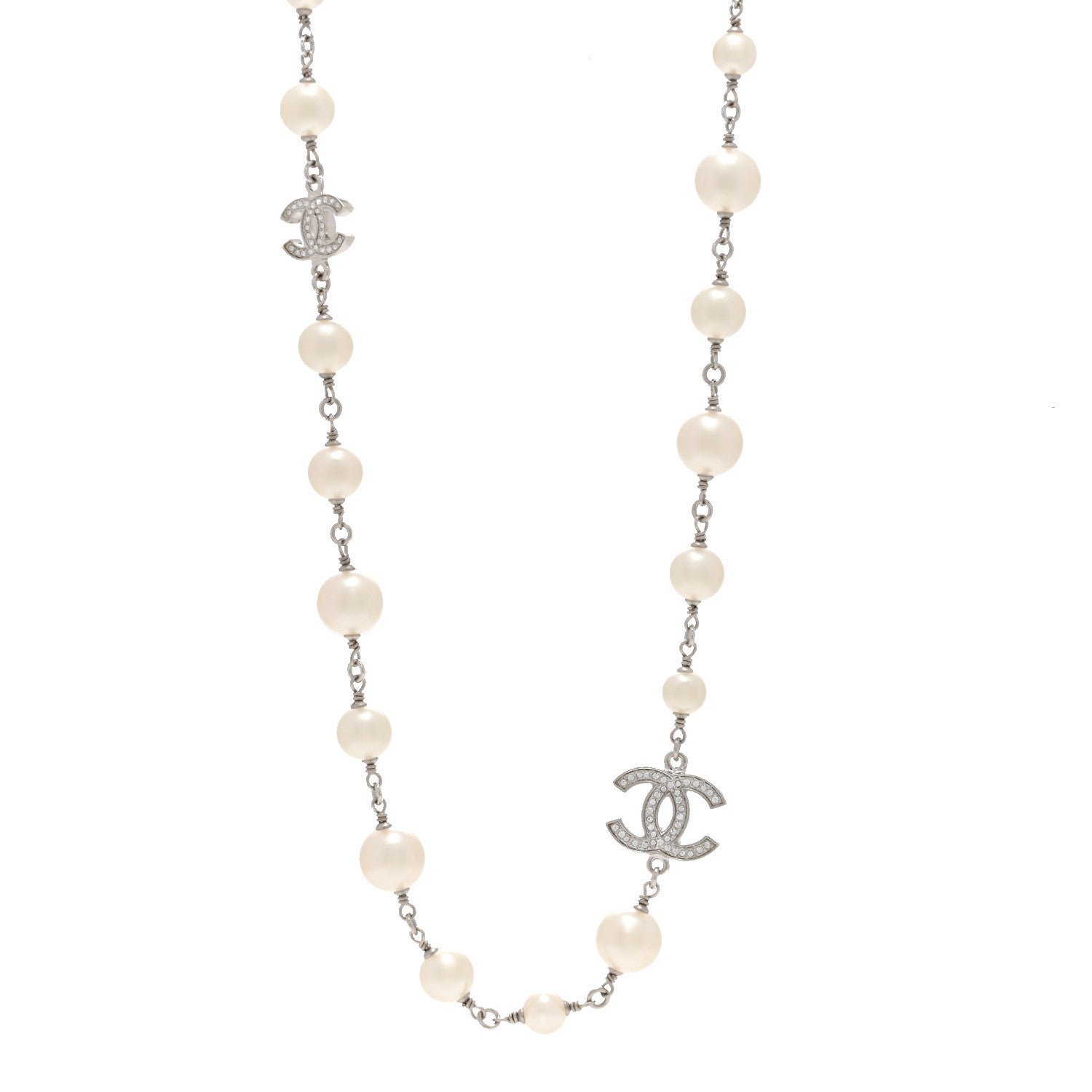 Chanel Crystal Pearl CC Long Necklace Silver 1 of 5