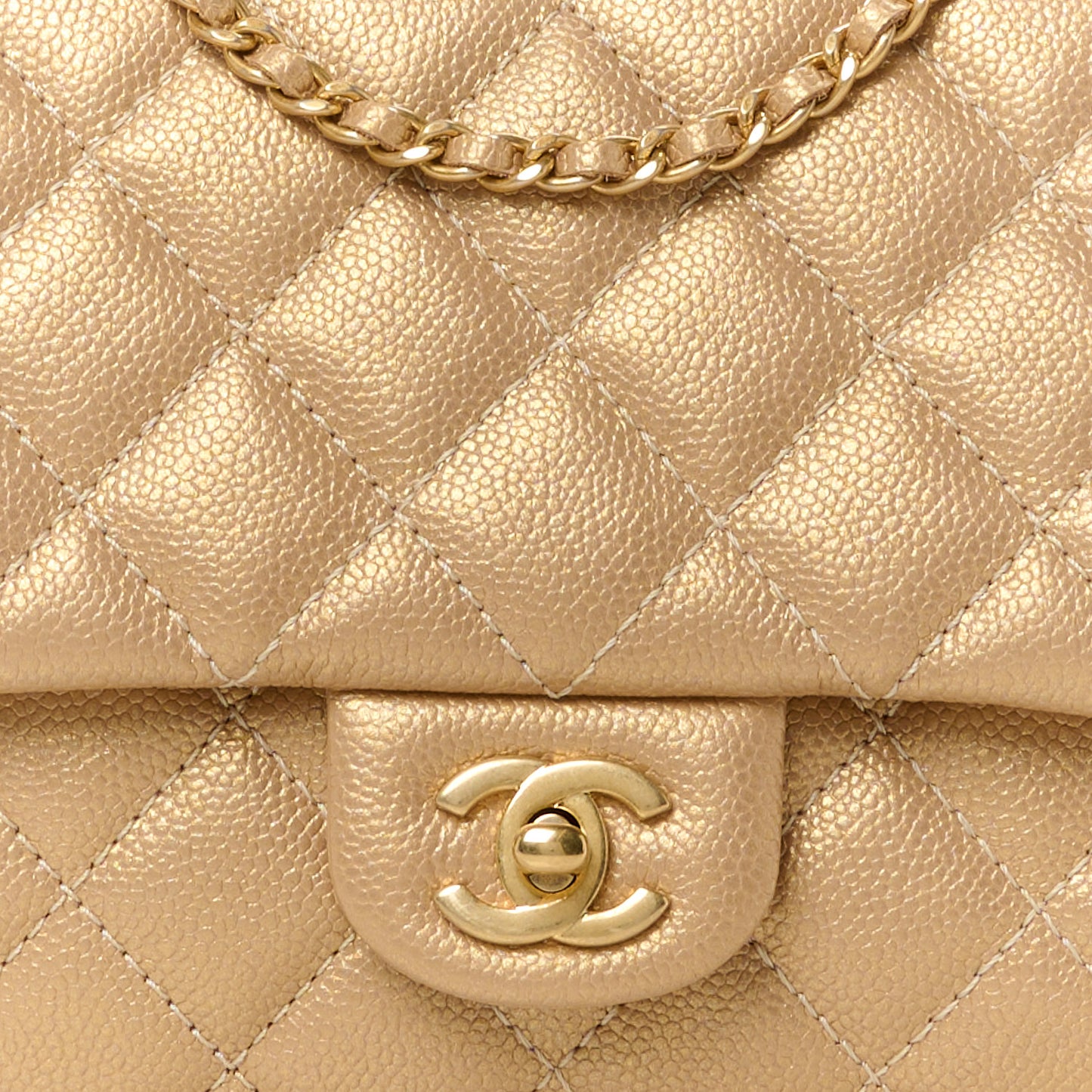 Metallic Caviar Quilted Clutch With Chain Flap Gold