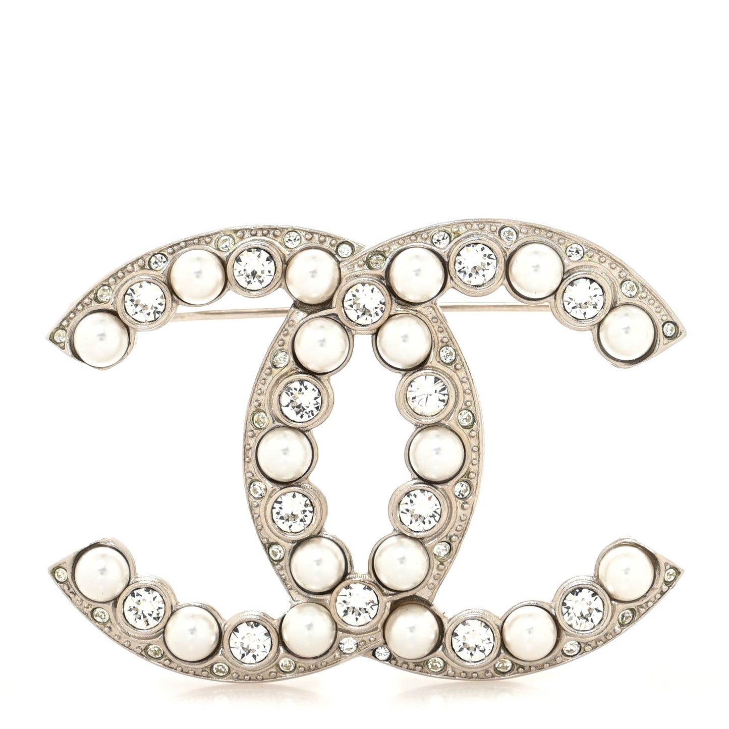 Pearl Crystal CC Brooch Silver