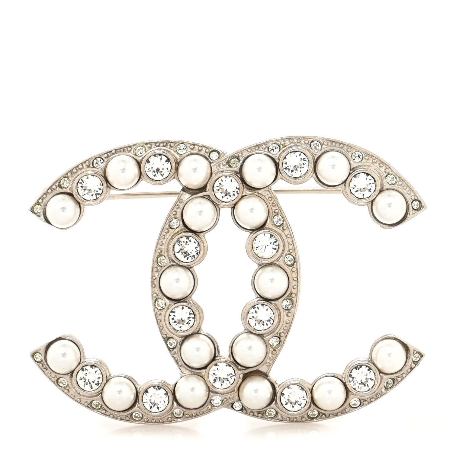 Chanel Pearl Crystal CC Brooch Silver 1 of 3