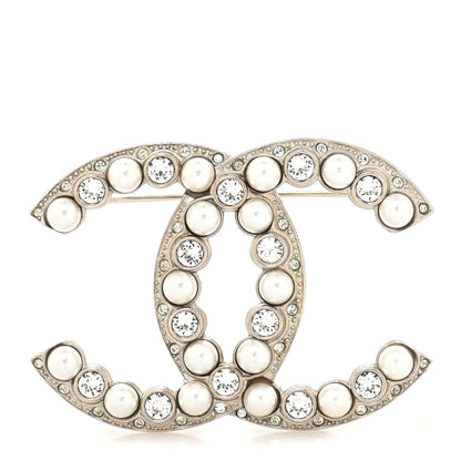 Chanel Pearl Crystal CC Brooch Silver 1 of 3