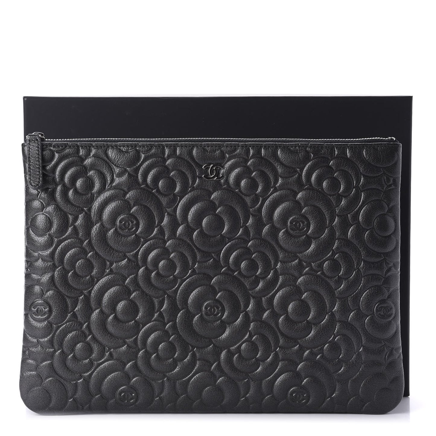 Goatskin Camellia Embossed Medium Cosmetic Case Dark Grey
