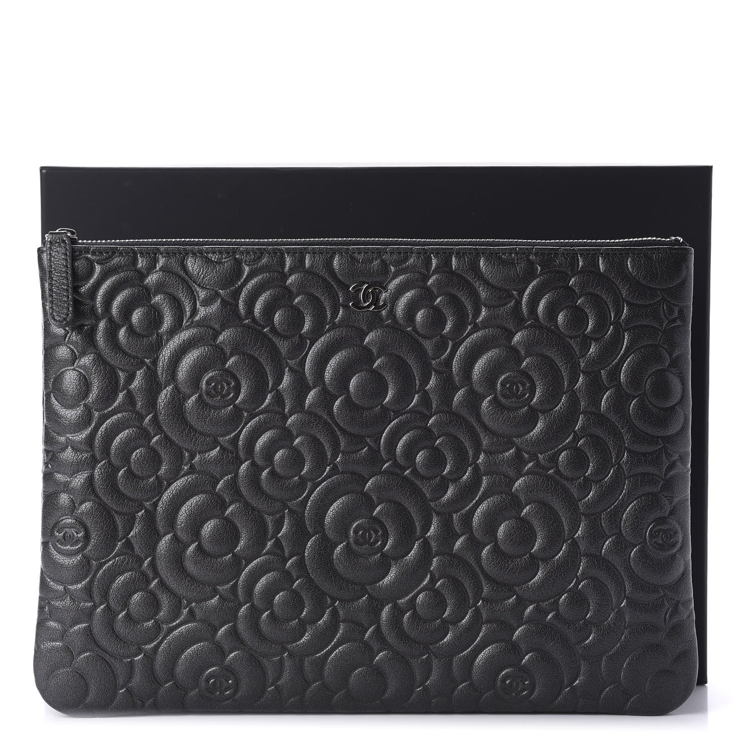 Chanel Goatskin Camellia Embossed Medium Cosmetic Case Dark Grey 10 of 10