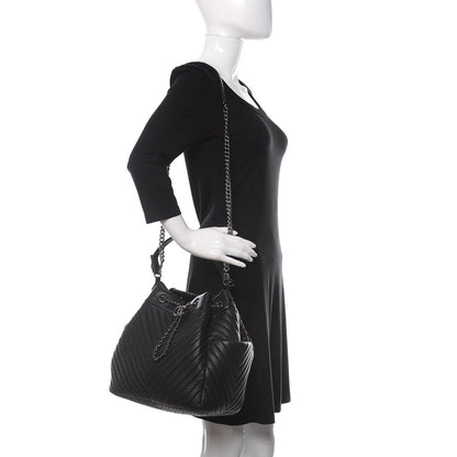 Chanel Deerskin Chevron Large CC Chain Bucket Drawstring Bag Black 2 of 10