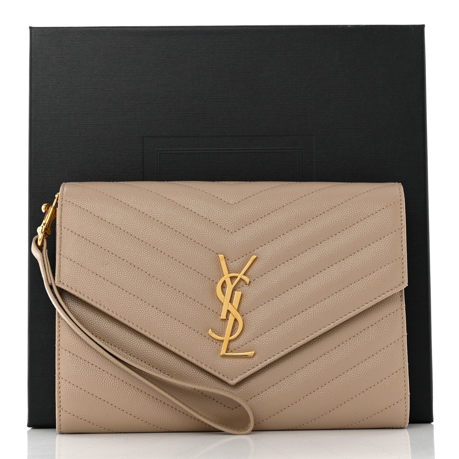 Saint Laurent Grain De Poudre Matelasse Chevron Monogram Envelope Clutch Dark Beige 7 of 7