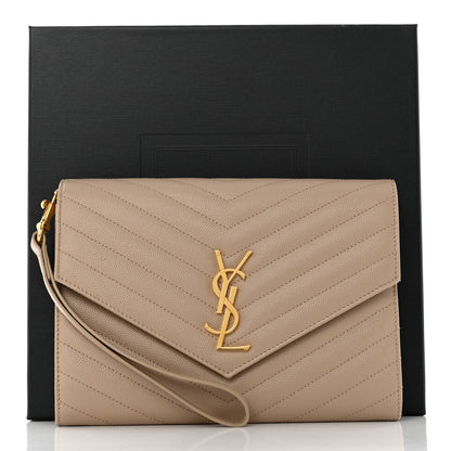 Saint Laurent Grain De Poudre Matelasse Chevron Monogram Envelope Clutch Dark Beige 7 of 7