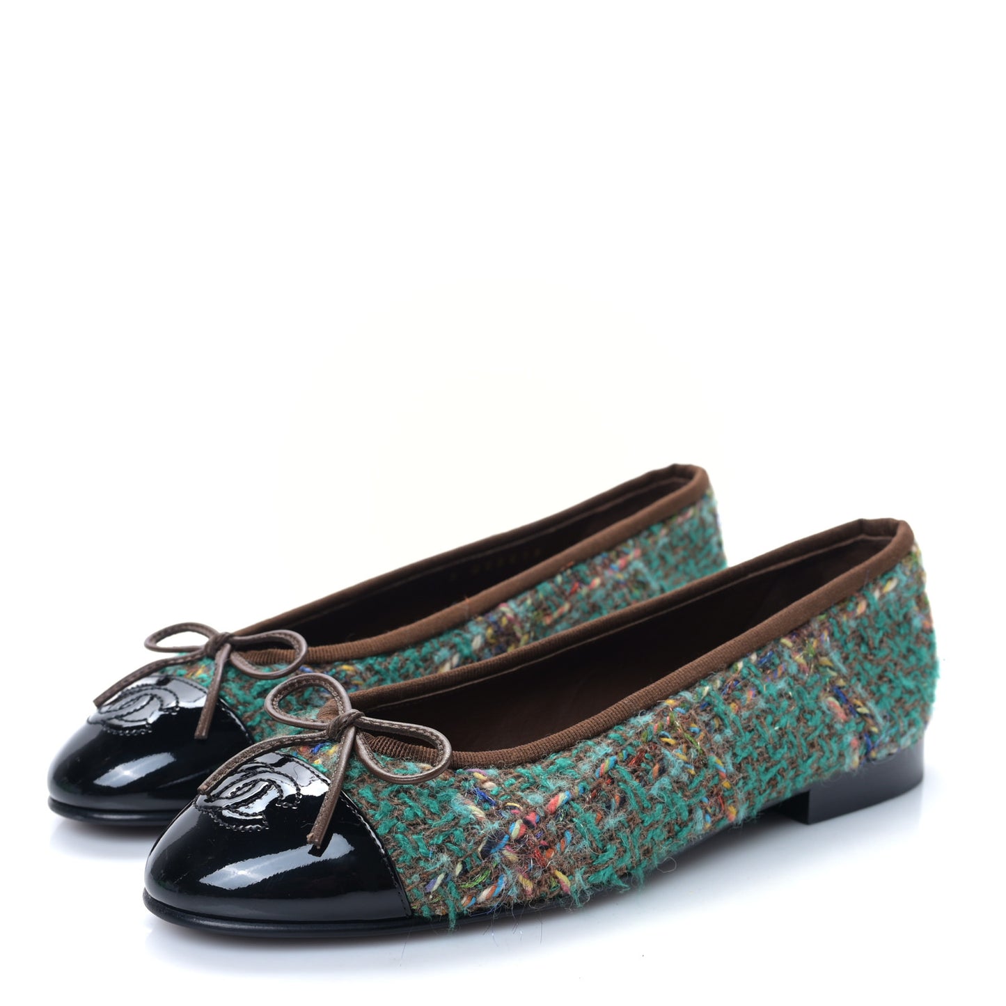 Tweed Patent Cap Toe Ballerina Flats 36.5 Green Black
