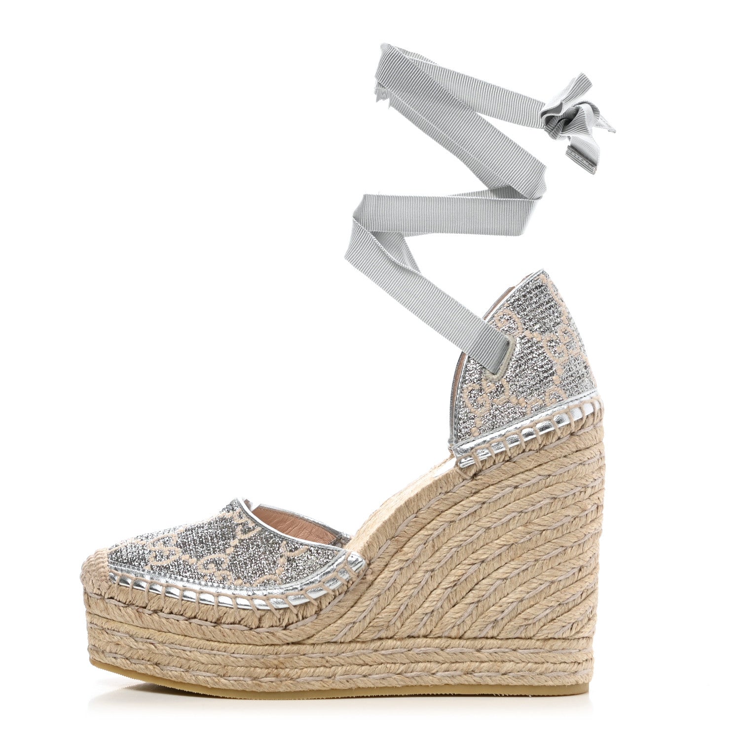 Gucci Lame GG Monogram Ankle Wrap Platform Espadrille Wedges 35.5 Silver Beige Light Grey 1 of 9