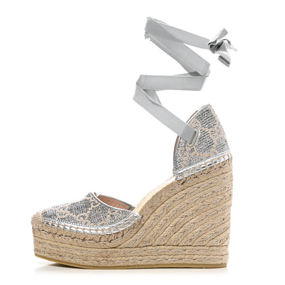 Gucci Lame GG Monogram Ankle Wrap Platform Espadrille Wedges 35.5 Silver Beige Light Grey 1 of 9