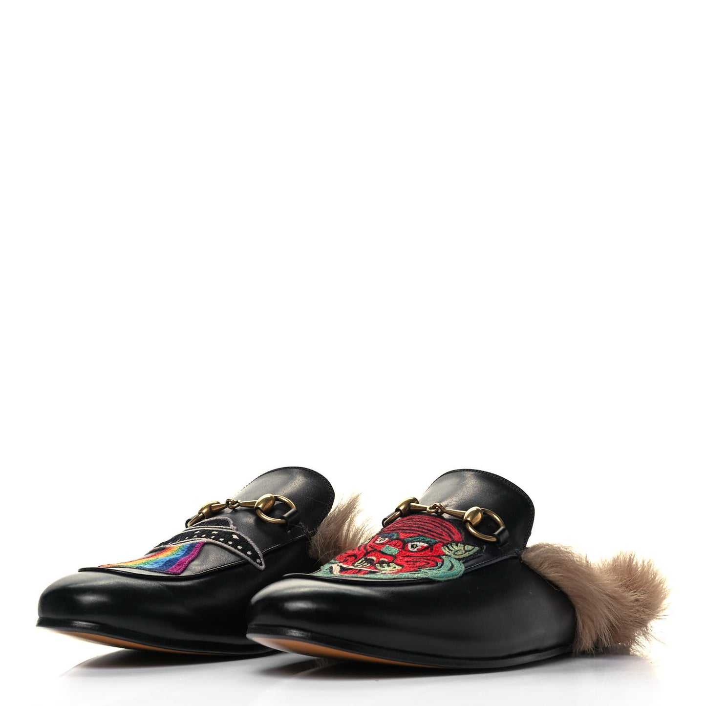 Calfskin Fur Dragon UFO Embroidered Mens Princetown Slippers 8 Black