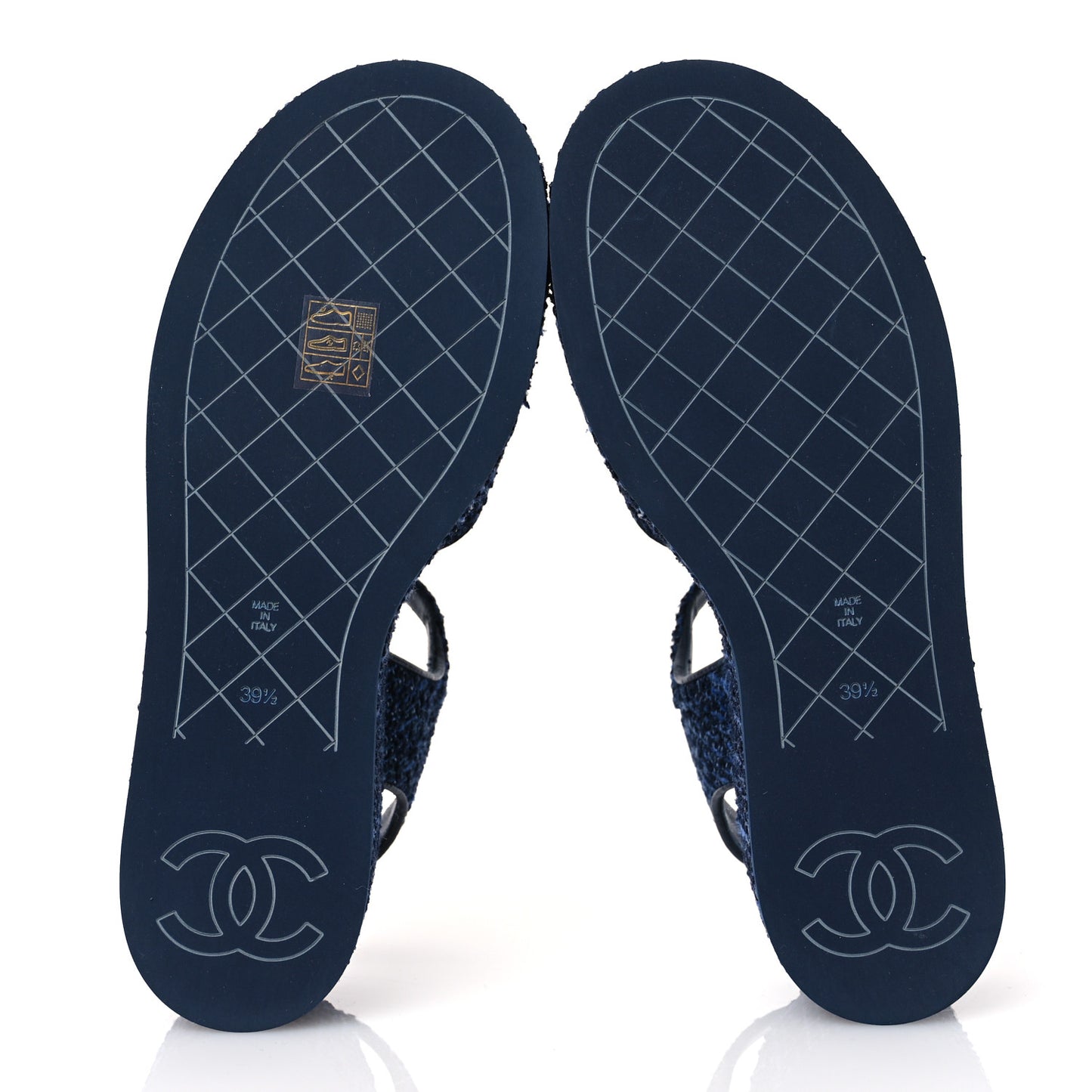 Silk Linen Tweed Quilted CC Platform Sandals 39.5 Navy Blue Gray