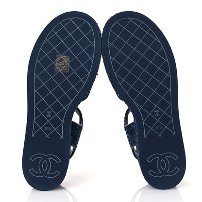 Chanel Silk Linen Tweed Quilted CC Platform Sandals 39.5 Navy Blue Gray 7 of 11