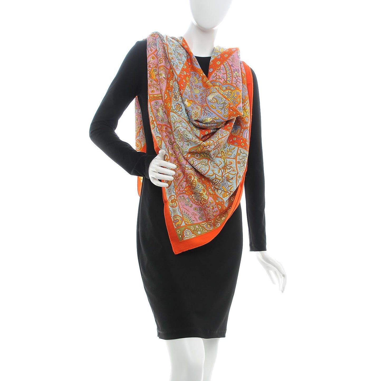 Cashmere Silk Au Pays Des Oiseaux Fleurs Shawl 140 Orange Bleu Vert