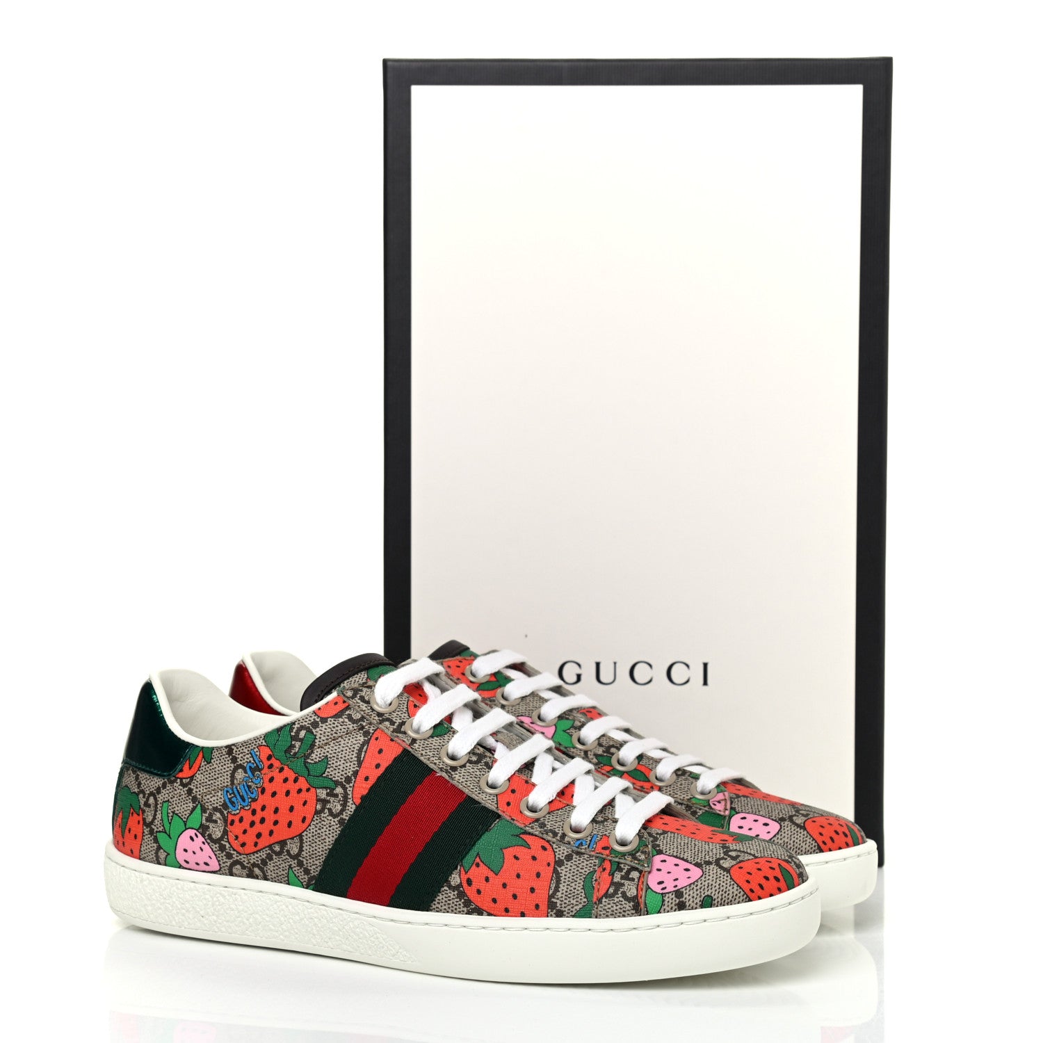 Gucci GG Supreme Monogram Strawberry Web Womens Ace Sneakers 36 Beige Multicolor Red Green 9 of 9